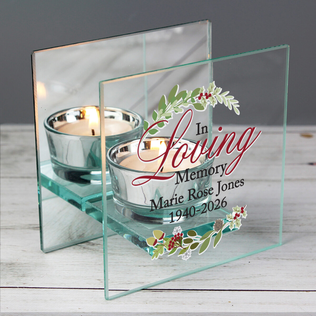 Personalised In Loving Memory Christmas Mirrored Glass Tea Light Candle Holder - Image 3