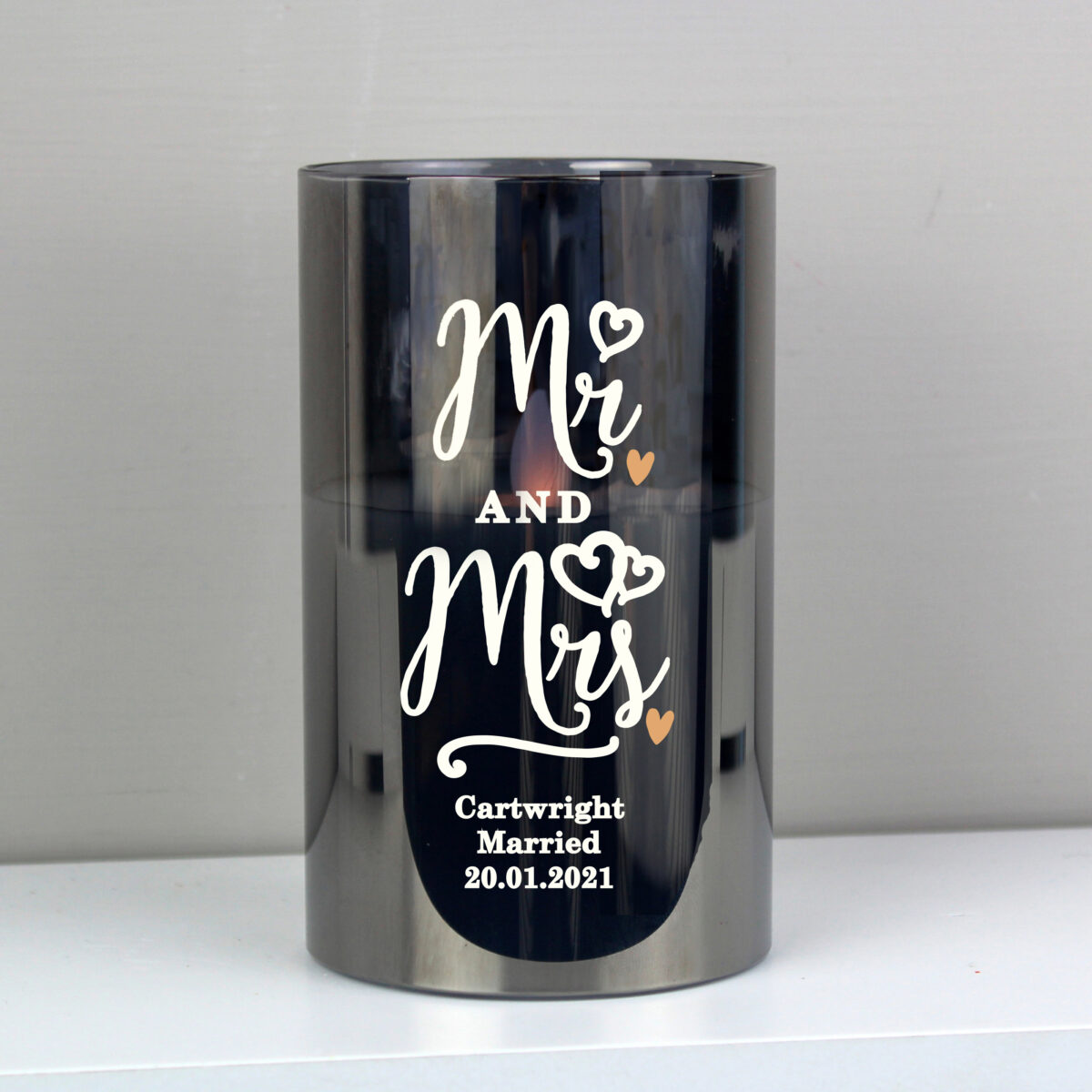 Personalised Mr & Mrs Smoked Glass LED Candle - Image 2