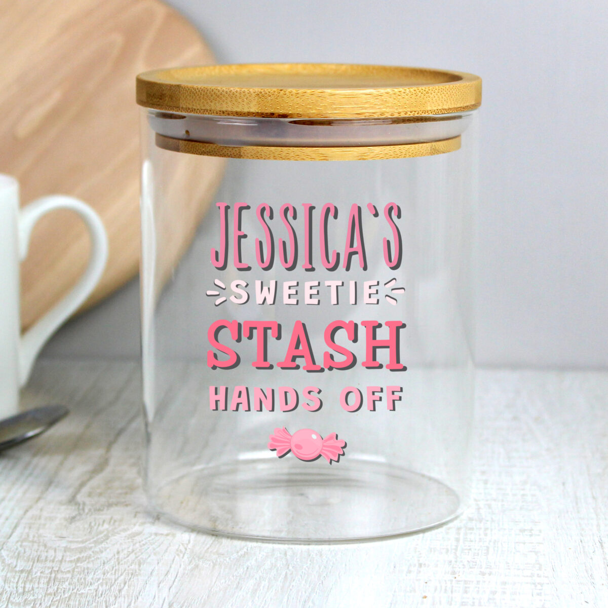 Personalised Sweetie Stash Glass Jar with Bamboo Lid - Image 2