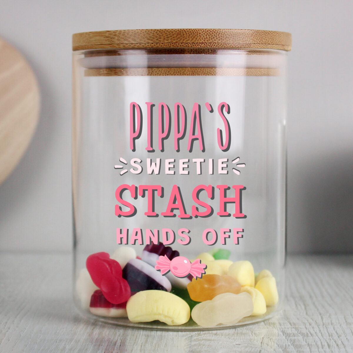 Personalised Sweetie Stash Glass Jar with Bamboo Lid - Image 3