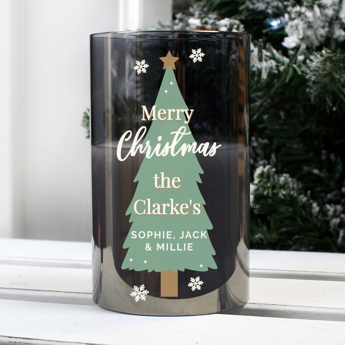 Personalised Christmas Tree Smoked Glass LED Candle - Image 5