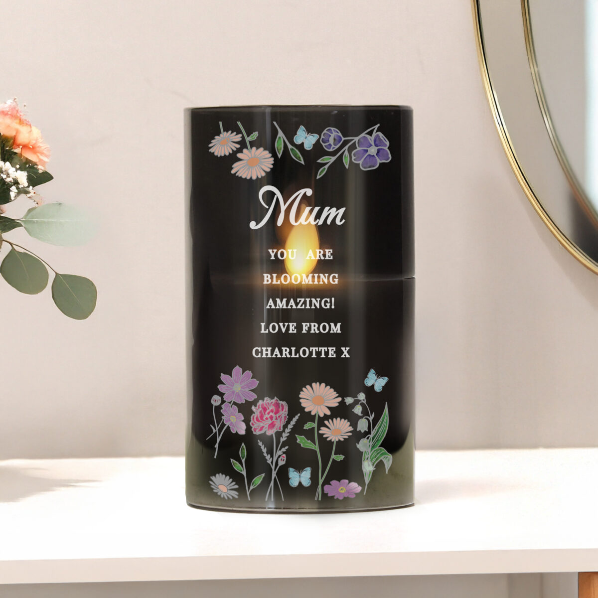 Personalised Wild Flowers Smoked Glass LED Candle - Image 2