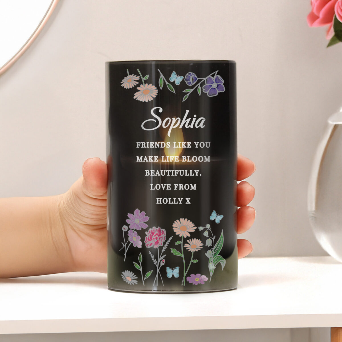 Personalised Wild Flowers Smoked Glass LED Candle - Image 3