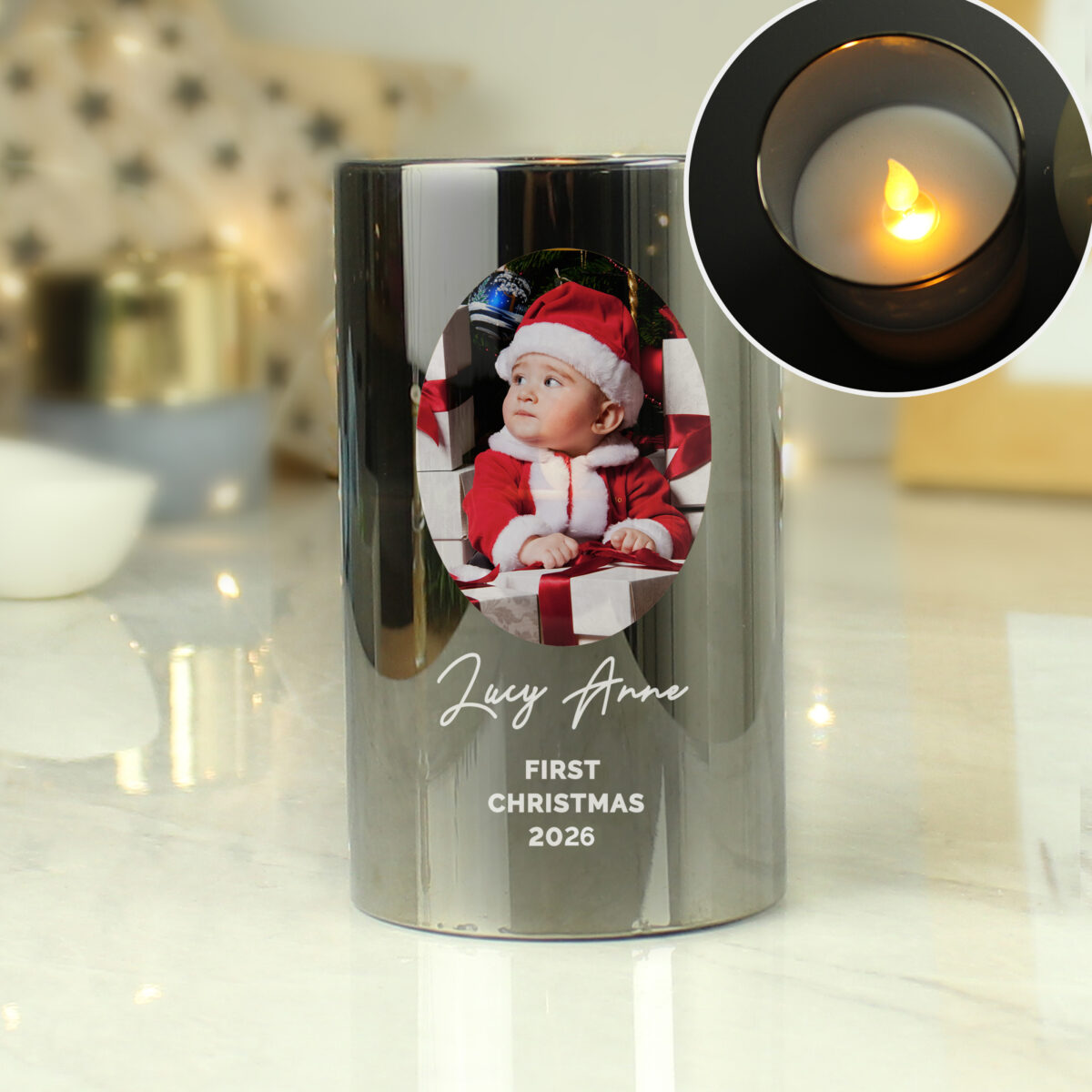 Personalised Photo Upload Smoked Glass LED Candle - Image 3