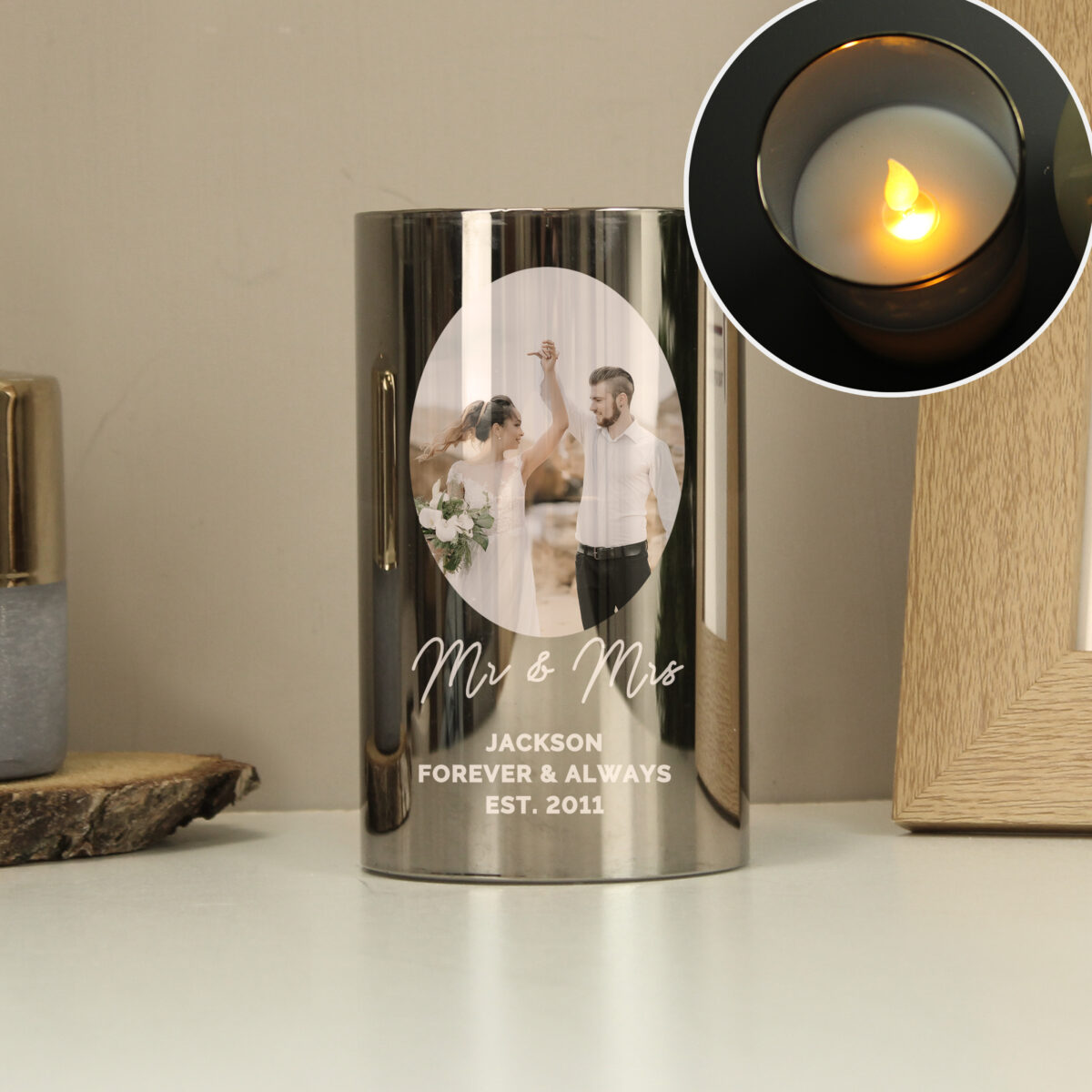 Personalised Photo Upload Smoked Glass LED Candle - Image 6