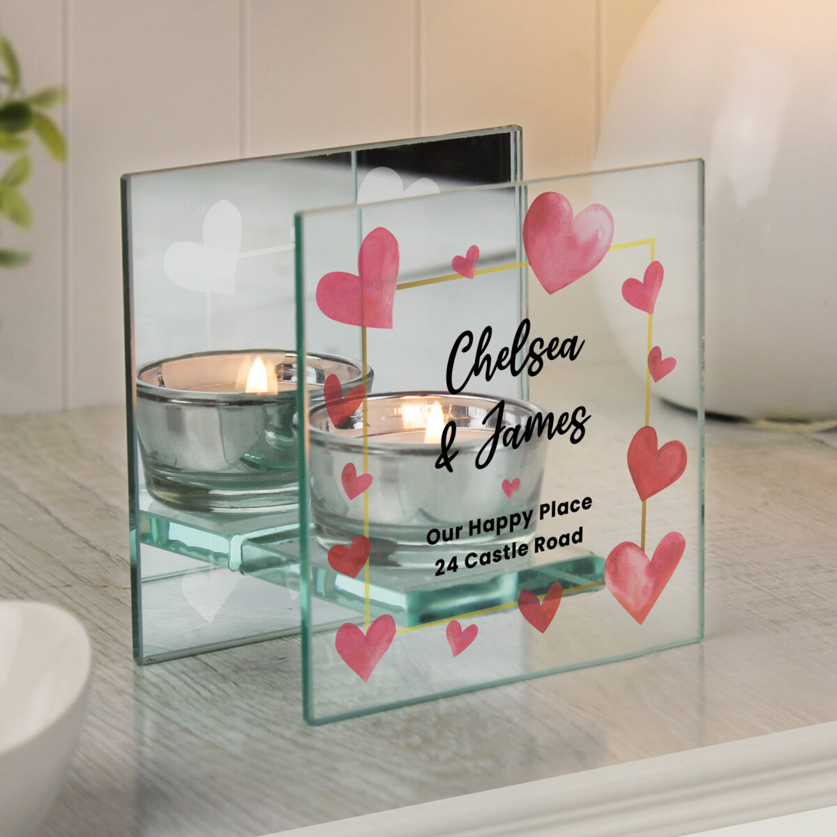Personalised Hearts Mirrored Glass Tealight Holder - Image 2