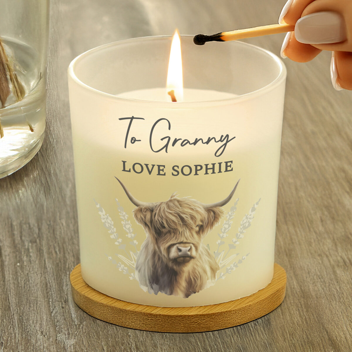 Personalised Highland Cow Frosted Glass Candle - Image 2
