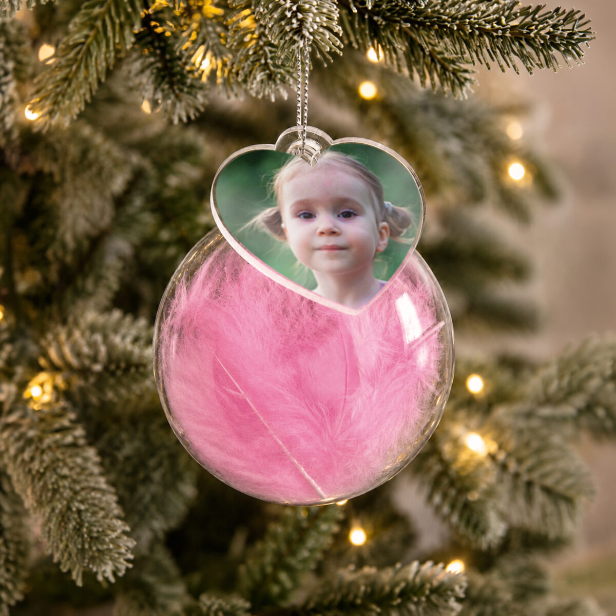 Personalised Photo Upload Pink Feather Glass Bauble - Image 2