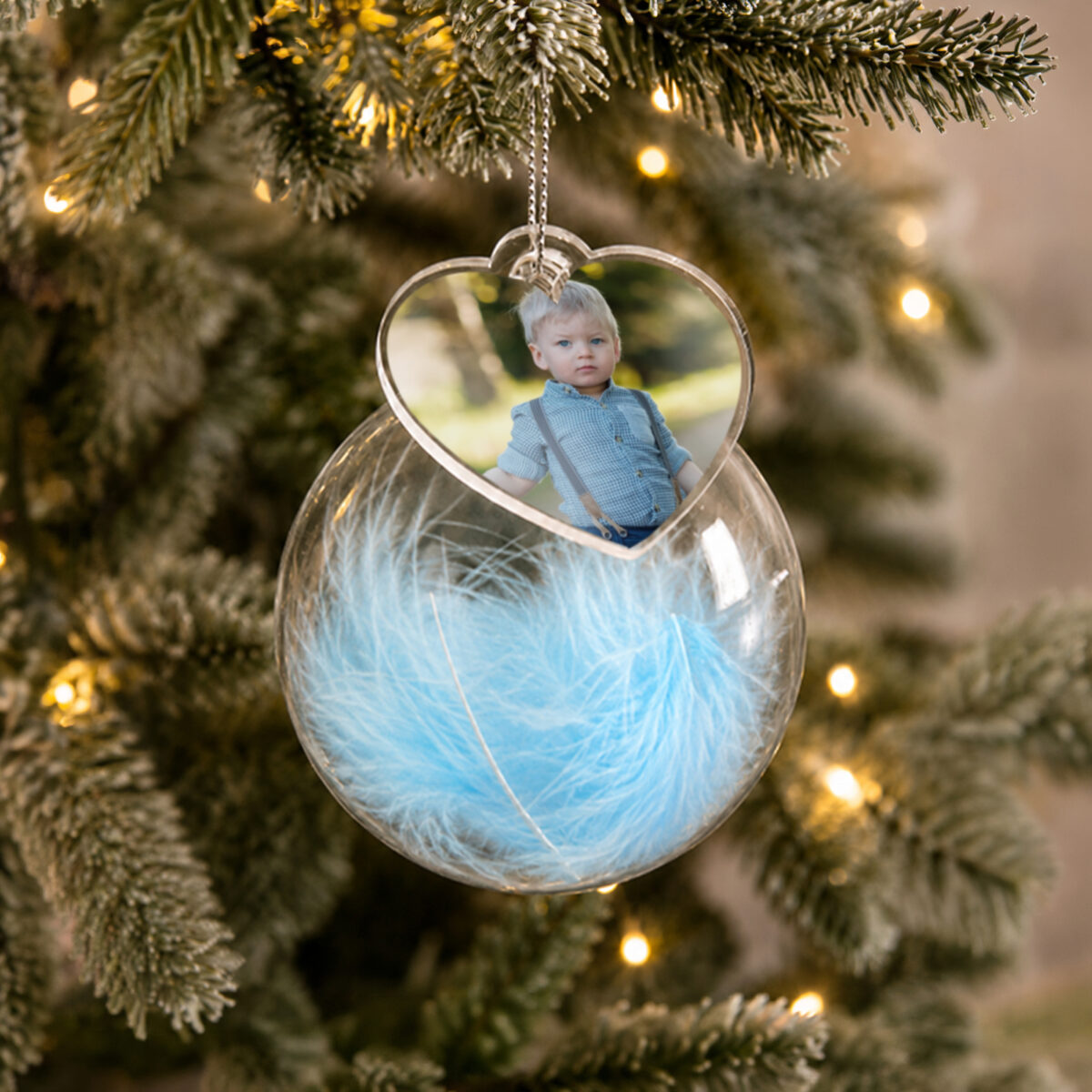 Personalised Photo Upload Blue Feather Glass Bauble - Image 2